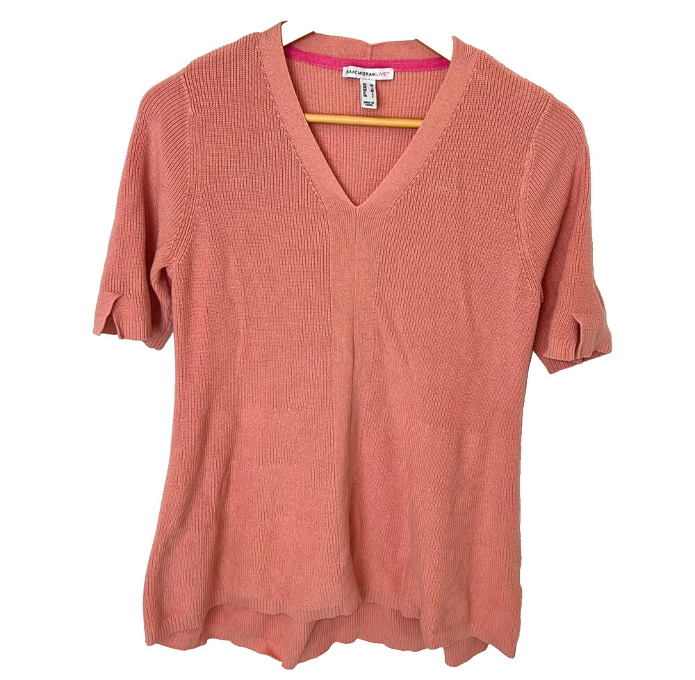 Isaac Mizrahi Women's M Sweater Tunic VNeck Peach Ribbed Flared Hem Short Sleeve